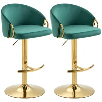 HOMCOM 2er-Ser Barhocker im Vintage-Design, inkl. Fußtstütze, Samtoptik, Barstuhl, Grün + Gold(m-10)