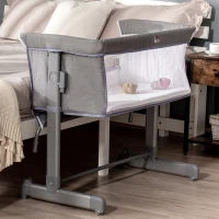 HOMCOM Babybett, Beistellbett, Reisebett, höhenverstellbar, mit Matratze, Stahl, grau, 86 x 50 x 83cm(m-2)