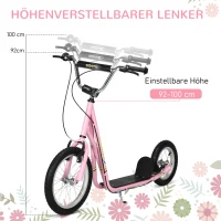 HOMCOM Roller Kinderroller mit Luftreifen Handbremse, 16 Zoll Tretroller Höhenverstellbar Kickscooter für Jungen und Mädchen ab 5 Jahre Kickboard Cityroller Kinder Scooter Rosa(m-5)