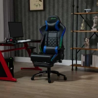 Vinsetto Gamingstuhl mit RGB LED-Leuchten Bürostuhl mit Wippenfunktion höhenverstellbarer Schreibtischstuhl Fußstütze ergonomisches Design modern Kunstleder Stahl Schwarz+Blau 71x74x 126-134 cm(m-2)