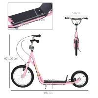 HOMCOM Roller Kinderroller mit Luftreifen Handbremse, 16 Zoll Tretroller Höhenverstellbar Kickscooter für Jungen und Mädchen ab 5 Jahre Kickboard Cityroller Kinder Scooter Rosa(m-3)
