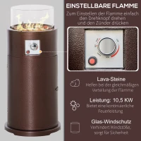 Outsunny Heizstrahler Gas für Terrasse runde Gas Feuerstelle mit Lavagestein Terrassenheizer mit Glasschutz 10,5 KW Metall Glas Bronze Ø40 x 86H cm(m-4)