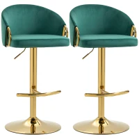 HOMCOM 2er-Ser Barhocker im Vintage-Design, inkl. Fußtstütze, Samtoptik, Barstuhl, Grün + Gold(m-1)