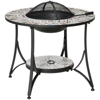 Outsunny Feuertisch Gartentisch mit Feuerschale Feuerstelle mit Funkenschutz & Grillrost Feuerkorb Outdoor für Heizung BBQ Garten Terrase Metall Fliese 75 x 75x 60 cm(m-1)