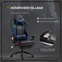 Vinsetto Gamingstuhl mit RGB LED-Leuchten Bürostuhl mit Wippenfunktion höhenverstellbarer Schreibtischstuhl Fußstütze ergonomisches Design modern Kunstleder Stahl Schwarz+Blau 71x74x 126-134 cm(m-5)