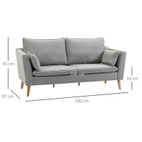 HOMCOM 2-er Sofa, 2-Sitzer, kleines Sofa, Retrodesign, 2 Kissen, Kautschukholz, Grau+ Natur(m-3)
