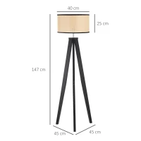 HOMCOM Stehlampe Wohnzimmer Tripod Stehleuchte 40W moderne Standleuchte mit E27 Fassung Holzfuß für Schlafzimmer Büro Schwarz+Gold 45 x 45 x 147 cm(m-3)