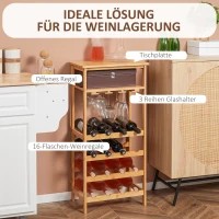 HOMCOM Weinregal, für 16 Weinflaschen & 9 Weingläser, 5 Etagen, Ablage, Bambusholz, 47 x 29 x 99,5 cm(m-5)