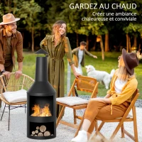 Outsunny Cheminée d'extérieur brasero mexicain hauteur 133 cm Ø 45 en métal avec tisonnier large foyer - espace de rangement pour bûches - noir(m-4)