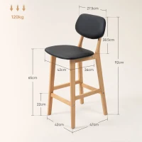HOMCOM Set 2 Taburete cu Spătar și Tapițerie din Piele Artificială, Taburete Înalte din Lemn, 42x47x92 cm, Natural și Negru(m-3)