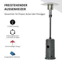 Outsunny Heizstrahler Terrassenheizer mit Drehknopf Rädern Terrassenstrahler mit automatischer Sicherheitsabschaltung rollbar Gas 12,5KW schirmförmig Metall rostfreier Stahl Kohlegrau Ø81,5 x 225 cm(m-7)