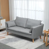 HOMCOM 2-er Sofa, 2-Sitzer, kleines Sofa, Retrodesign, 2 Kissen, Kautschukholz, Grau+ Natur(m-2)