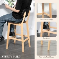 HOMCOM Set 2 Taburete cu Spătar și Tapițerie din Piele Artificială, Taburete Înalte din Lemn, 42x47x92 cm, Natural și Negru(m-6)