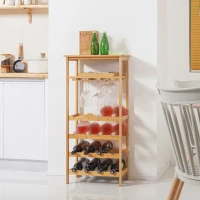 HOMCOM Weinregal, für 16 Weinflaschen & 9 Weingläser, 5 Etagen, Ablage, Bambusholz, 47 x 29 x 99,5 cm(m-2)