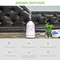HOMCOM Elektrische Aroma-Diffusor für ätherische Öle 7 Farben LED 2 Sprühnebel-Modi automatische Abschaltung Keramischer Deckel mit floralem Muster elegant 100ml Keramik ABS Weiß Ø9,2x16,5 cm(m-5)