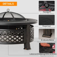 Outsunny Feuerschale mit Schürhaken Funkenschutz Feuerkorb Feuertisch rund Feuerstelle für Garten Camping BBQ Stahl Schwarz 81 x 81 x 50 cm(m-5)