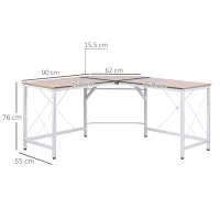 HOMCOM Secretária em Forma de L Secretária para Escritório com Estrutura de Metal Secretária de Canto 150x150x76 cm Branco e Madeira(m-3)
