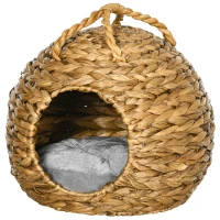 Pawhut Katzenhöhle aus Wasserhyazinthengras, Tragegriffe, 1 waschbares Kissen, 41 cm x 38 cm x 41 cm, Natur(m-10)