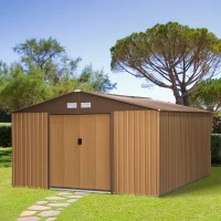 Outsunny Stahl Gerätehaus 20m³ Geräteschuppen Gartenhaus Fahrradschuppen Garten Schuppen Braun 340 x 386 x 200 cm(m-2)