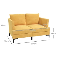 HOMCOM Sofa für 2 Personen, dicke Polsterung, Bezug in Leinenoptik, Stahlbeine, bis 300 kg, gelb, 137 x 79,5 x 71 cm(m-3)