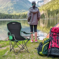 Outsunny Campingstuhl Klappstuhl Anglerstuhl Höhenverstellbar mit Getränkehalter faltbar inkl Tragetasche Regiestuhl bis 136 kg belastbar Schwarz+Grün 75,5 x 88 x 101-104 cm(m-2)
