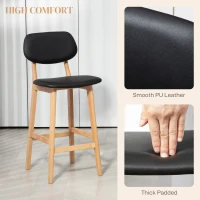 HOMCOM Set 2 Taburete cu Spătar și Tapițerie din Piele Artificială, Taburete Înalte din Lemn, 42x47x92 cm, Natural și Negru(m-5)