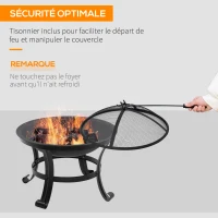 Outsunny Brasero cheminée Foyer extérieur Rond avec Pare-étincelles, tisonnier métal dim. 55L x 55l x 50H cm Noir(m-5)