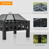 Outsunny Brasero cheminée Foyer extérieur dim. 66L x 66l x 58H cm Couvercle tisonnier métal Noir(m-6)