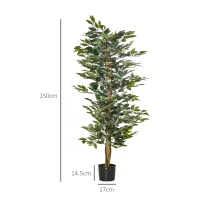 HOMCOM Plantă Ficus Falsă, Plantă Înaltă de 150cm, Plantă Artificială Decorativă pentru Interior și Exterior, Ø17x14.5 cm, Verde(m-3)