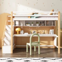Letto a Castello per Bambini in Legno con Scala Contenitore e Scrivania Integrata, Bianco+Quercia(m-4)