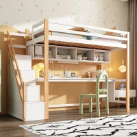 Letto a Castello per Bambini in Legno con Scala Contenitore e Scrivania Integrata, Bianco+Quercia(m-1)