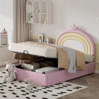 Letto Contenitore Matrimoniale con Sistema Idraulico, Rete a Doghe e Testata Regolabile in Altezza, in Legno, 140x203x125-131 cm, Rosa(m-5)