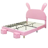 Letto con Contenitore in Tessuto Effetto Velluto, Testata Imbottita Regolabile e Illuminazione LED, 140x203.5x145-151.5 cm, Rosa(m-10)