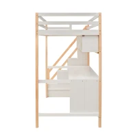 Letto a Castello per Bambini in Legno con Scala Contenitore e Scrivania Integrata, Bianco+Quercia(m-10)