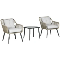 Outsunny Set Modern din 3 Piese cu Suporturi Ajustabile, Set de Cafea pentru Terasă din Împletitură Rotundă, 63x73x78 cm, Gri Deschis(m-11)