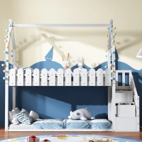 Lettino a Castello per Bambini in Legno con 3 Gradini e 2 Cassetti, Decorazione a Recinzione, 242,5x96x211,5 cm, Bianco(m-5)