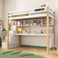 Letto a Castello per Bambini in Legno con Scala Contenitore e Scrivania Integrata, Bianco+Quercia(m-5)