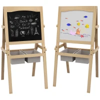 AIYAPLAY Kids Easel with Paper Roll, 3 in 1 Art Easel for Toddlers, Double-Sided Kids Whiteboard Blackboard with Storage Baskets for Ages 3-6 Years - Natural Wood Finish(m-1)