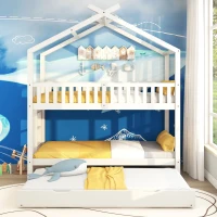 Letto a Castello per Bambini in Legno di Pino con 3 Lettini, Design Salvaspazio, 206x97x235 cm, Bianco(m-4)