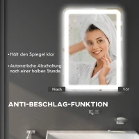 HOMCOM Lustro łazienkowe z oświetleniem LED, kontrola dotykowa, przeciwmgielne, z możliwością ściemniania, 3 kolory światła, 50x70, Srebrny(m-6)