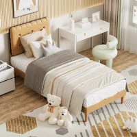 Letto Singolo con spazio contenitore, Testiera Regolabile e Rete a Doghe in Legno, 90x200x99-105 cm, Marrone(m-4)