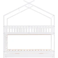 Letto a Castello per Bambini in Legno di Pino con 3 Lettini, Design Salvaspazio, 206x97x235 cm, Bianco(m-7)