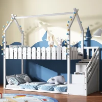 Lettino a Castello per Bambini in Legno con 3 Gradini e 2 Cassetti, Decorazione a Recinzione, 242,5x96x211,5 cm, Bianco(m-1)