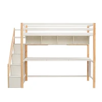 Letto a Castello per Bambini in Legno con Scala Contenitore e Scrivania Integrata, Bianco+Quercia(m-11)
