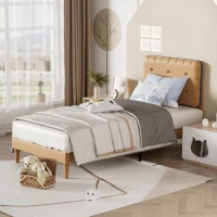Letto Singolo con spazio contenitore, Testiera Regolabile e Rete a Doghe in Legno, 90x200x99-105 cm, Marrone(m-5)