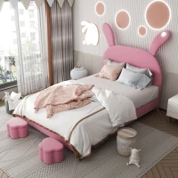 Letto con Contenitore in Tessuto Effetto Velluto, Testata Imbottita Regolabile e Illuminazione LED, 140x203.5x145-151.5 cm, Rosa(m-1)