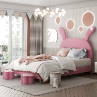 Letto con Contenitore in Tessuto Effetto Velluto, Testata Imbottita Regolabile e Illuminazione LED, 140x203.5x145-151.5 cm, Rosa(m-5)