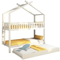 Letto a Castello per Bambini in Legno di Pino con 3 Lettini, Design Salvaspazio, 206x97x235 cm, Bianco(m-10)