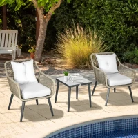 Outsunny Set Modern din 3 Piese cu Suporturi Ajustabile, Set de Cafea pentru Terasă din Împletitură Rotundă, 63x73x78 cm, Gri Deschis(m-10)