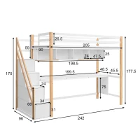 Letto a Castello per Bambini in Legno con Scala Contenitore e Scrivania Integrata, Bianco+Quercia(m-3)